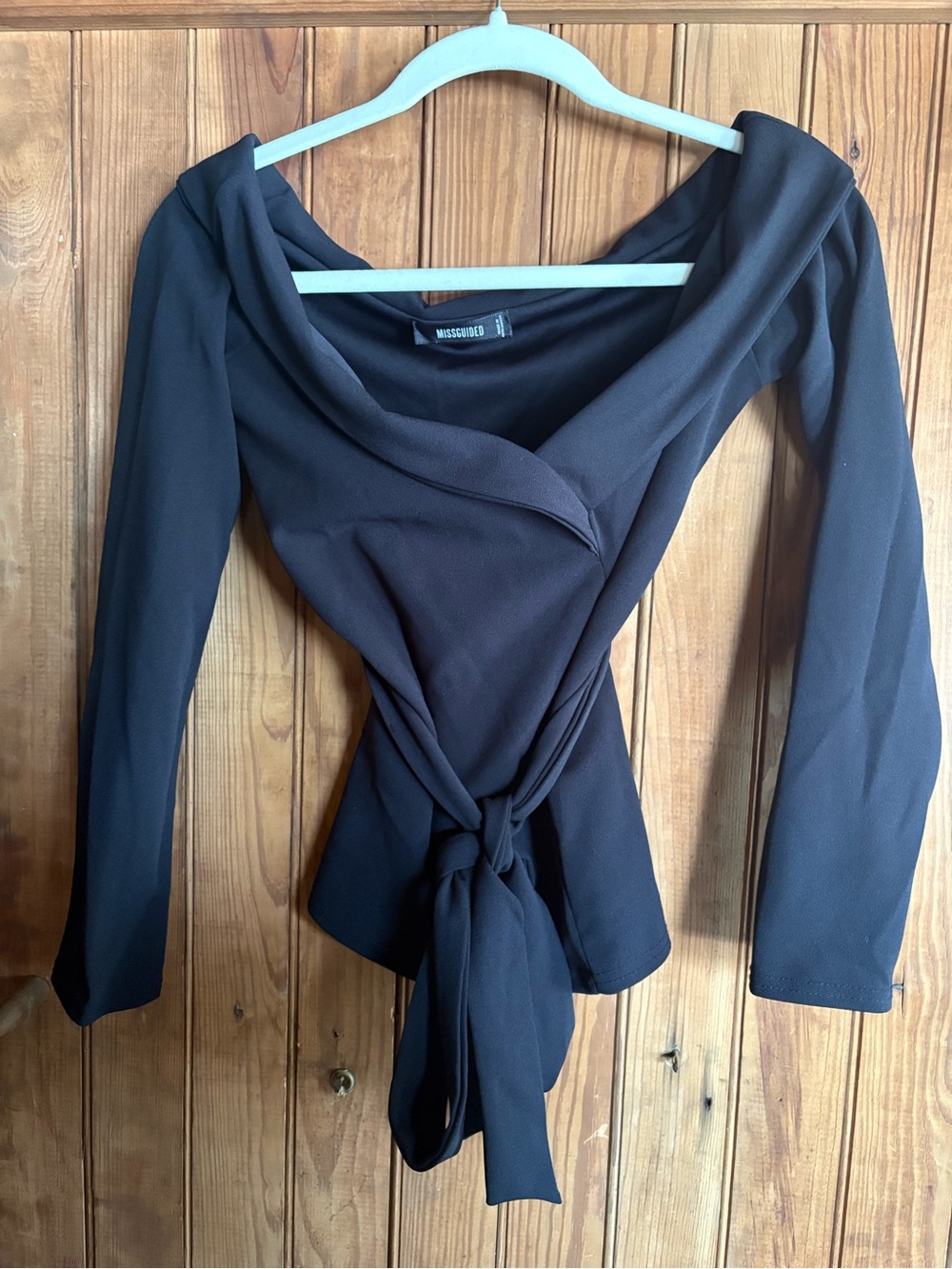 Missguided off shoulder black tie-belt top, size 4